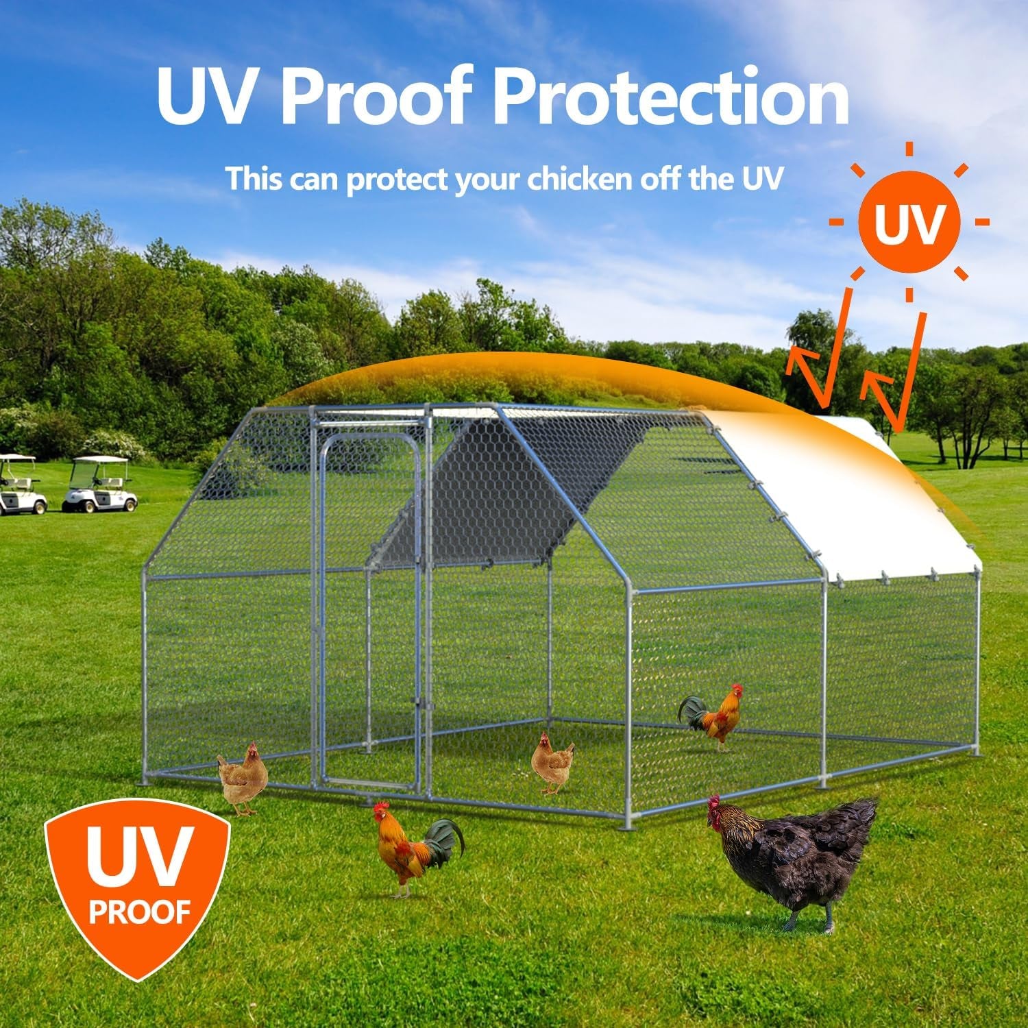 Large Metal Chicken Coop Walk-In Poultry Cage Chicken Run Chicken Pen Flat Roofed Cage with Waterproof and Anti-Ultraviolet Cover for Yard (9.2' L X 12.5' W X 6.4' H)