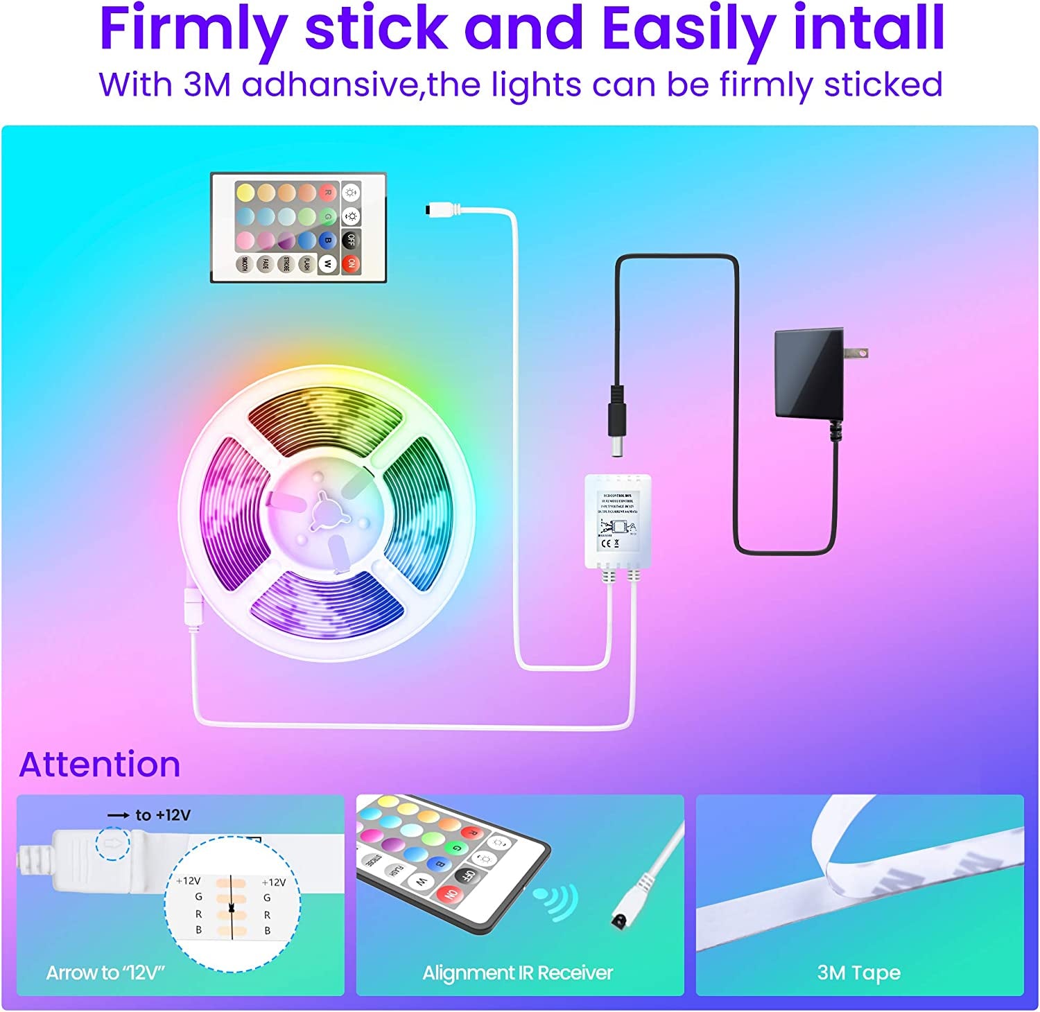 50 FT Long LED Strip Lights,  Bluetooth LED Lights for Bedroom, Color Changing Light Strip with Music Sync, Smart Lights Controlled via Phone APP and IR Remote.