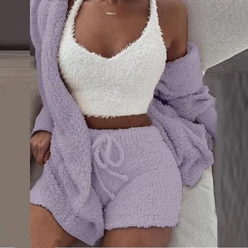 Fluffy Pajamas Set for Women Casual Sleepwear Tank Top and Shorts plus Size Hoodie Leisure Homsuit Winter 3 Pieces Pijamas