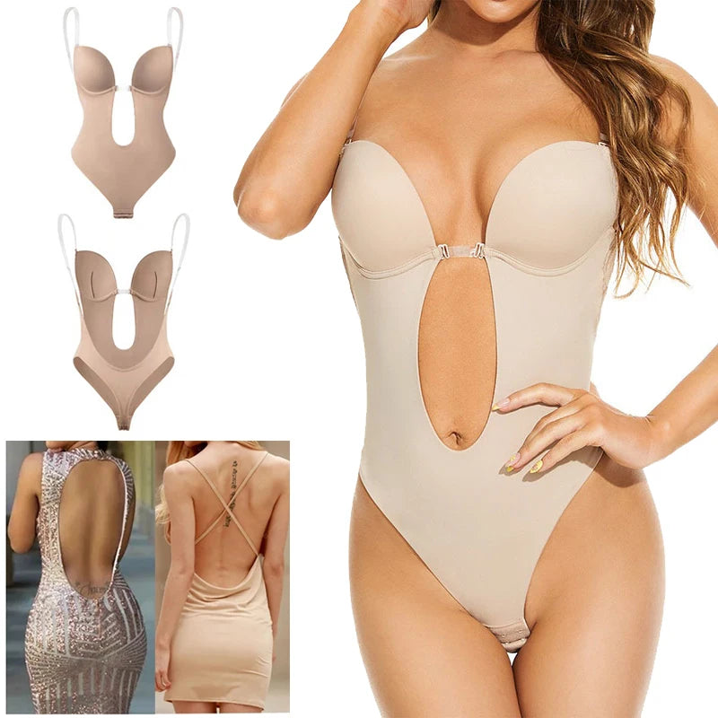 Invisible Bodysuit Women Thong Shaper Body Shapewear Sexy Deep V-Neck Backless Corset Plunge Padded Push up Slimming Underwear