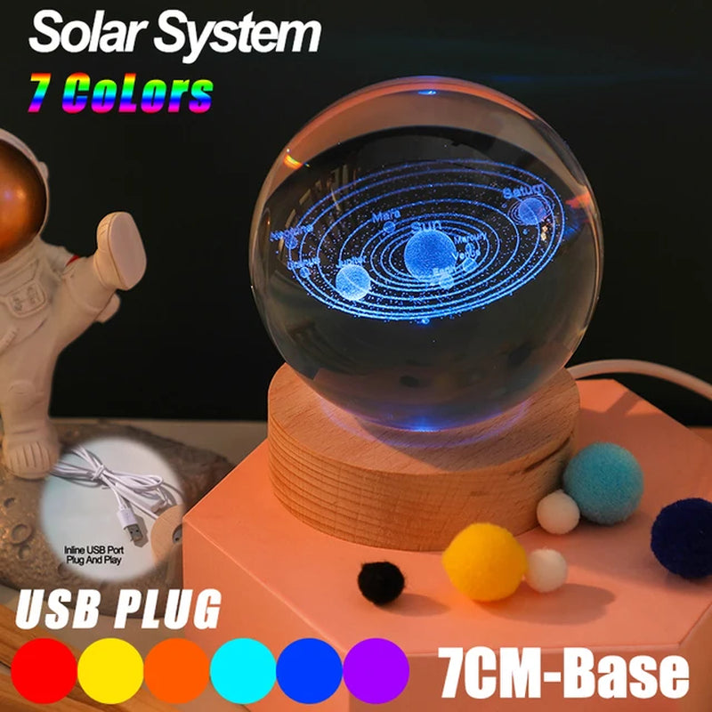 USB LED Night Light, Galaxy Crystal Ball Lamp, 3D Planet Moon Lamp, Home Decoration