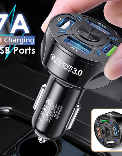 Load image into Gallery viewer, 4-Port USB Car Charger, QC3.0 Fast Charging 4 USB Car Charger Adapter 7A Smart Shunt Car Phone Charger with Light, Suitable for Iphone &amp; Android,Samsung Galaxy S10 S9 Plus
