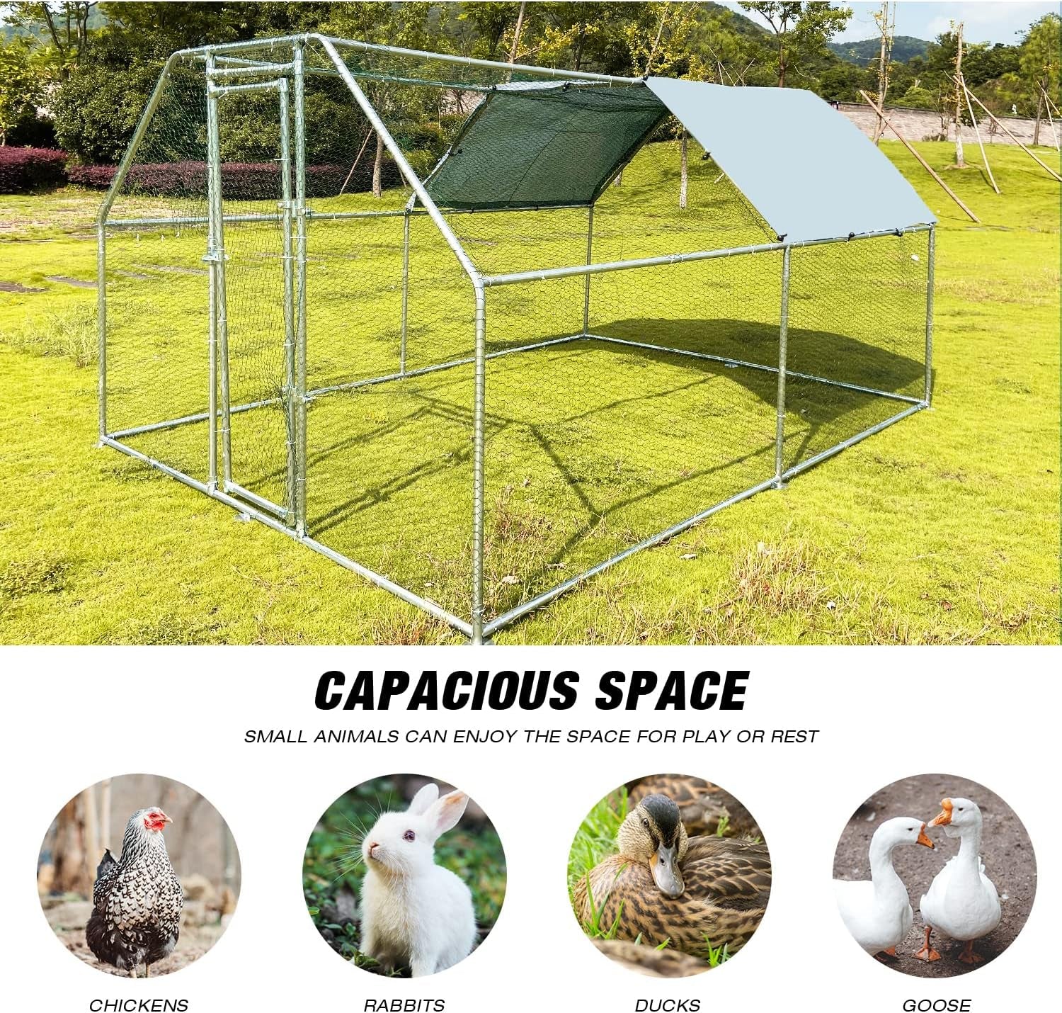 Large Metal Chicken Coop Walk-In Poultry Cage Chicken Run Chicken Pen Flat Roofed Cage with Waterproof and Anti-Ultraviolet Cover for Yard (9.2' L X 12.5' W X 6.4' H)