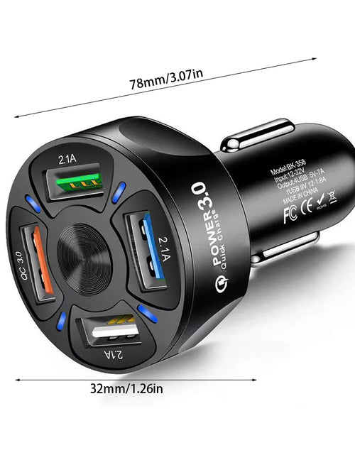 Load image into Gallery viewer, 4-Port USB Car Charger, QC3.0 Fast Charging 4 USB Car Charger Adapter 7A Smart Shunt Car Phone Charger with Light, Suitable for Iphone &amp; Android,Samsung Galaxy S10 S9 Plus
