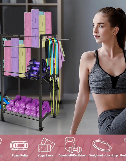 Load image into Gallery viewer, Yoga Mat Storage, Gym Equipment Storage, Cart for Organizing Workout Room, Home Gym Storage with Hooks and Wheels
