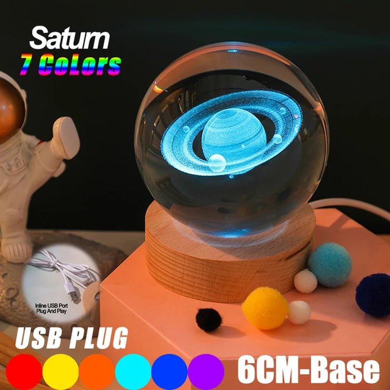 USB LED Night Light, Galaxy Crystal Ball Lamp, 3D Planet Moon Lamp, Home Decoration